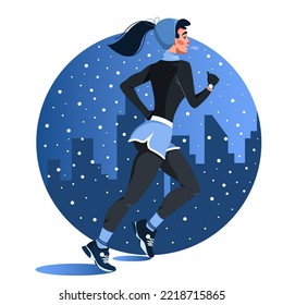 Vector illustration of a young woman running in a snowfall against the background of a night city. Preparation for sports competitions. Sports, training, running, motivation. Flat style