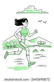 
Vector illustration of a young woman running outdoors in a country setting.