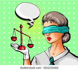 Vector illustration of young woman with scales of justice, speech bubble. Law and undisputed order concept. Lady justice in retro pop art comic style.