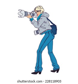 Vector illustration of young woman shooting photo with a camera, isolated on white background.