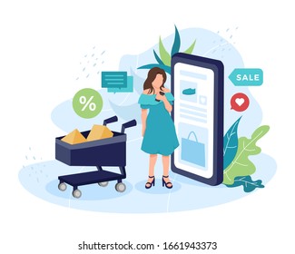 Vector illustration Young woman shopping online. Mobile online shopping concept illustration, Women buy goods by mobile phone app. Vector flat style illustration