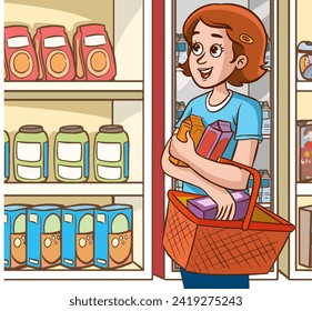 vector illustration of a young woman shopping in a grocery store.