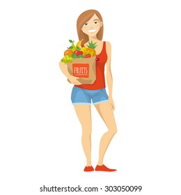 Vector illustration of a young woman with shopping paper bag. Woman holding shopping bag. 