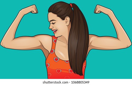 Vector illustration of young woman showing muscles. Pretty strong girl with sport figure.