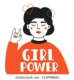 Vector illustration with young woman showing rock hand sign and lettering phrase Girl Power. Trendy typography poster, feminism print design