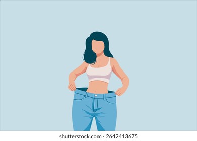 Vector illustration of a young woman showing weight loss success by wearing oversized jeans. Flat style, minimal background, body transformation concept, healthy lifestyle, fitness achievement. - Powered by Shutterstock - Get 15% off with code: PIKWIZARD15