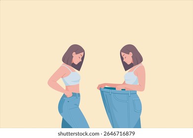 Vector illustration of a young woman showing weight loss success by wearing oversized jeans. Flat style, minimal background, body transformation concept, healthy lifestyle, fitness achievement. - Powered by Shutterstock - Get 15% off with code: PIKWIZARD15