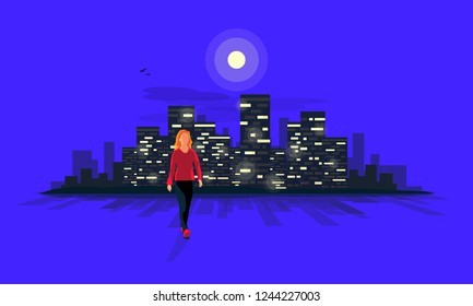 Vector illustration of a young woman silhouette walking on a street at night with dark urban lanscape city building lights and moonlight skyline illustrated in the blue road background. 