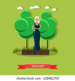 Vector illustration of young woman singer. Beautiful woman in long blue dress holding microphone and singing. Soloist flat style design.