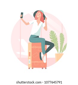 Vector illustration of young woman sitting on suitcase and taking selfie at the airport before flight. Traveling concept, pop art flat style.