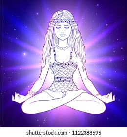 Vector illustration of young woman sitting in pose of lotus and meditating on  background with outer space and nebula. 