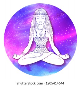 Vector illustration of young woman sitting in pose of lotus and meditating on  circle background with outer space and nebula. 