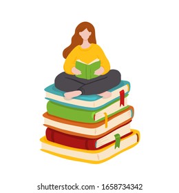 Vector illustration of young woman sitting on giant book pile and reading. Motivational literature fan. Colorful concept illustration.