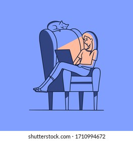 Vector illustration of a young woman sitting in a chair with a laptop at night, alone. The cat sleeps on the back of the chair. Home Isolation concept. Flat cartoon style.