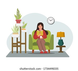 Vector illustration. A young woman sitting on an armchair with a book and a cup of coffee. There is a table with a lamp in the room and potted plant stand.