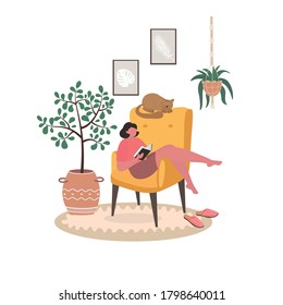 Vector illustration of young woman sitting   in a chair and reading book. Zone with comfortable armchair and indoor plants. Relaxing with book, activities during lockdown and quarantine