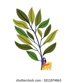 Vector illustration with young woman sitting near big green branch with leaves. Isolated on white background print design with plant