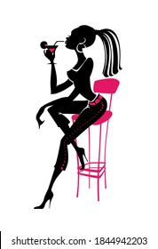 Vector illustration of a young woman sitting on a bar stool and holding a Martini glass.