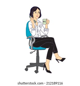 Vector illustration with young woman sitting on the chear, talking on the phone and drinking coffee