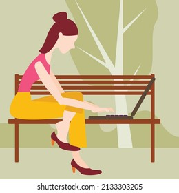 Vector illustration - a young woman sitting on a bench in a park with green trees and remotely working on a laptop. The concept is remote work and training.