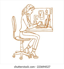 Vector illustration with young woman sitting at the table, typing on the laptop