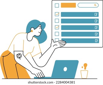 Vector illustration of a young woman sitting in front of a computer with a list of tasks to complete.