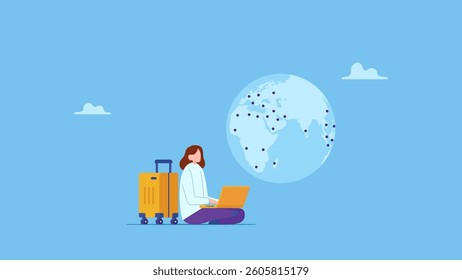 Vector illustration of young woman sitting by the next suitcase and working on laptop. Digital nomad, business trip abroad, occupational migration concept.