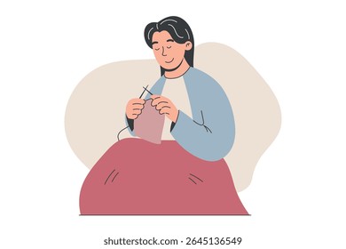 Vector illustration of young woman sitting and knitting with needles. Flat isolated design perfect for craft, hobby, handmade, DIY, self-care, or lifestyle projects.