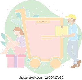 Vector illustration of a young woman sitting on a gift box, using her smartphone to order products online. A smiling delivery man places a package on a shopping cart shaped like a mobile phone. 