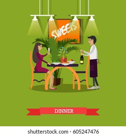 Vector illustration of young woman sitting at table and waiter with bottle of champagne. Restaurant dinner concept design element in flat style.
