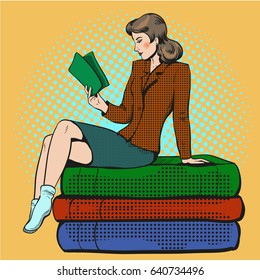 Vector illustration of young woman sitting on pile of books. Beautiful lady teacher, businesswoman reading book in retro pop art comic style.