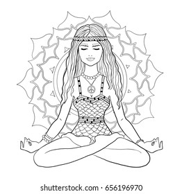 Vector illustration of young woman sitting at pose of lotus and meditating on mandala sahasrara chakra background. Line art for coloring book for adults.