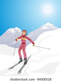 vector illustration of a young woman skiing down a snow covered mountain under a clear blue sunny sky in eps 10 format