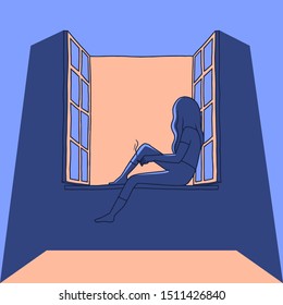Vector illustration of a young woman smoking in open window at night. Woman with cigarette, alone. Flat cartoon style.