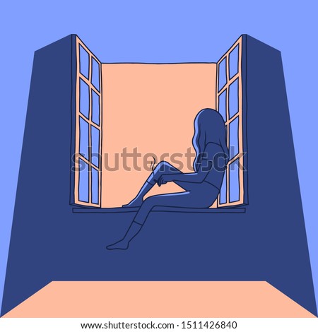 Vector illustration of a young woman smoking in open window at night. Woman with cigarette, alone. Flat cartoon style.