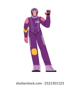 A vector illustration of a young woman in a spacesuit and helmet waving her hand on a white background symbolizes cosmic adventures and exploration