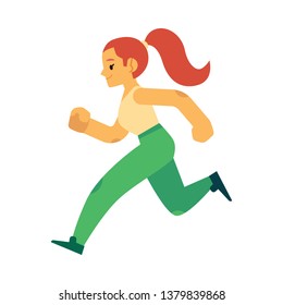 Vector illustration of young woman in sportswear running in flat style isolated on white background - side view of happy active female character doing cardio training jogging.
