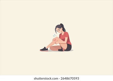 Ilustração vetorial de uma jovem mulher em roupas esportivas sentada no chão com dor no joelho. Ideal para conceitos de lesão, acidente esportivo, esforço muscular ou problemas de saúde durante o exercício.