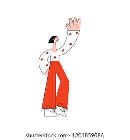Vector illustration of young woman standing and waving hand or showing something isolated on white background - female character doing greeting or goodbye gesture or pointing in flat style.