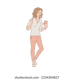Vector illustration of young woman standing with smartphone and speaking isolated on white background in sketch style. Hand drawn female character with mobile phone talking.