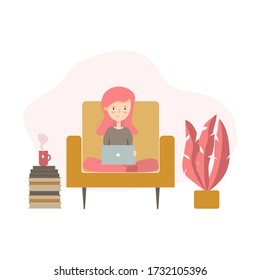 Vector illustration of young woman studying with her laptop from the comfort of her home.