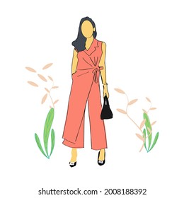 vector illustration, young woman in stylish clothes and bag