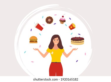 Vektorgrafik junger Frauen, umgeben von Fastfood und Süßigkeiten. Kein Ernährungstag.
