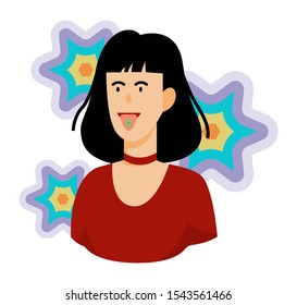 Vector illustration of young woman taking drugs and having visual illusions. Idea of drug addiction, unhealthy lifestyle. Girl taking isd pills