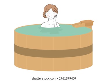 Vector illustration of young woman taking an onsen (hot spring bath)
