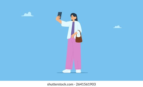 Vector illustration of young woman taking selfie photo with isolated background. Modern style female, holding smartphone, smiling and capturing photograph, picture with mobile phone
