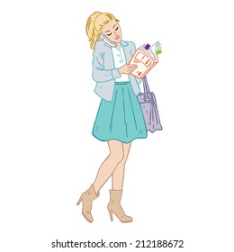 Vector illustration with young woman talking on the phone and reading a directory