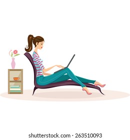 Vector illustration of young woman, teenager sitting on sofa with laptop on her knees. There is a bookshef with few books, cup and vase with flowers standing on the left.