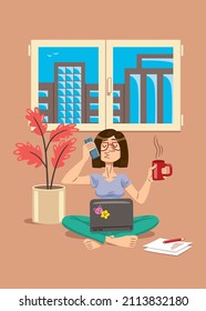 Vector illustration, of a young woman tele working in pajamas with a laptop, sitting on the floor with a window behind, talking on a mobile phone and holding a cup of coffee.