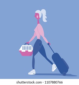 Vector illustration of a young woman travelling in airport with suitcase baggage and bag/cage for pets